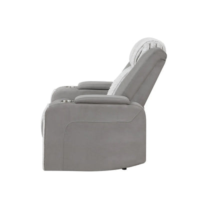 Duran power recliner with headrest in gray upholstery and cup holder on Tampa Home & Garden Store