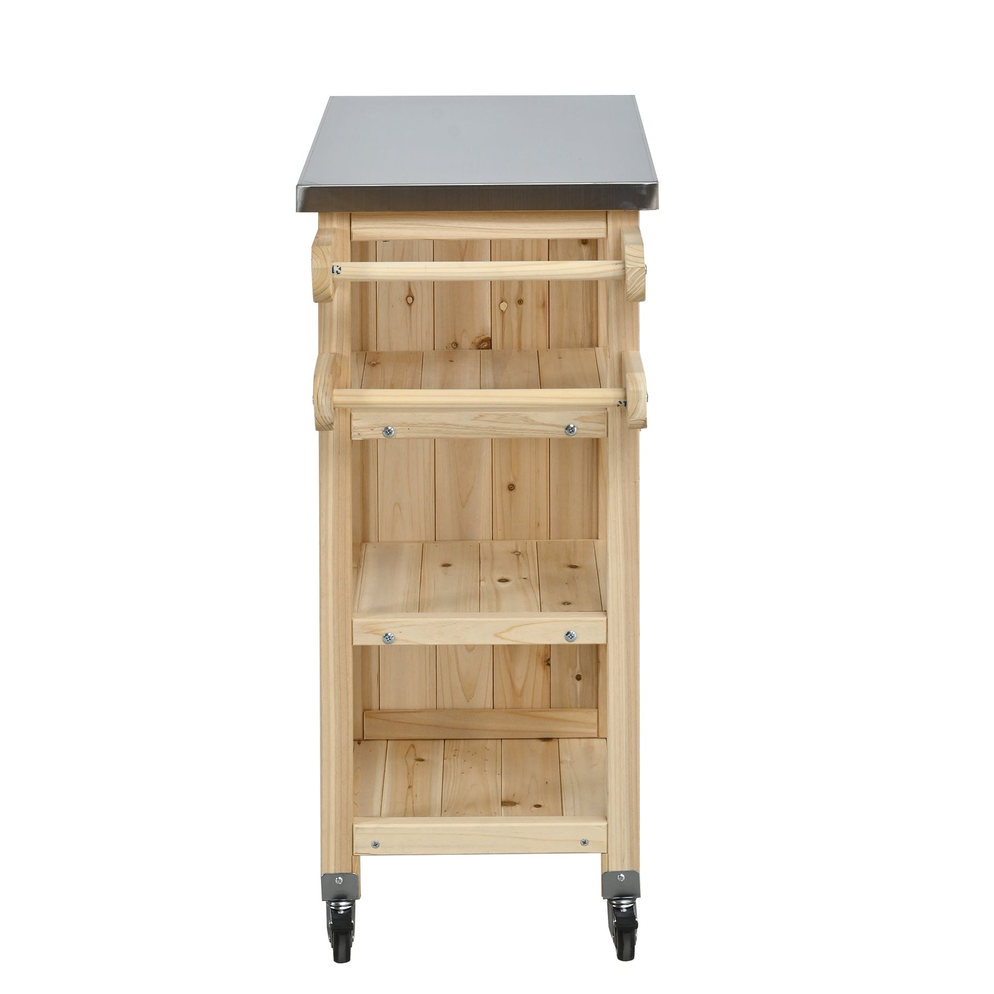 Foldable outdoor kitchen island with stainless steel top and wooden frame on casters on Tampa Home & Garden Store