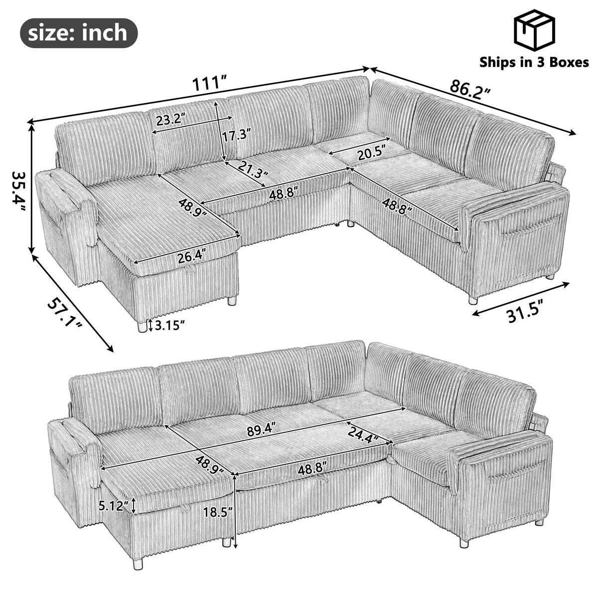 HouseOfZazla Convertible U-Shaped Sectional Sofa Bed with USB Ports and Storage, upholstery on Tampa Home & Garden Store