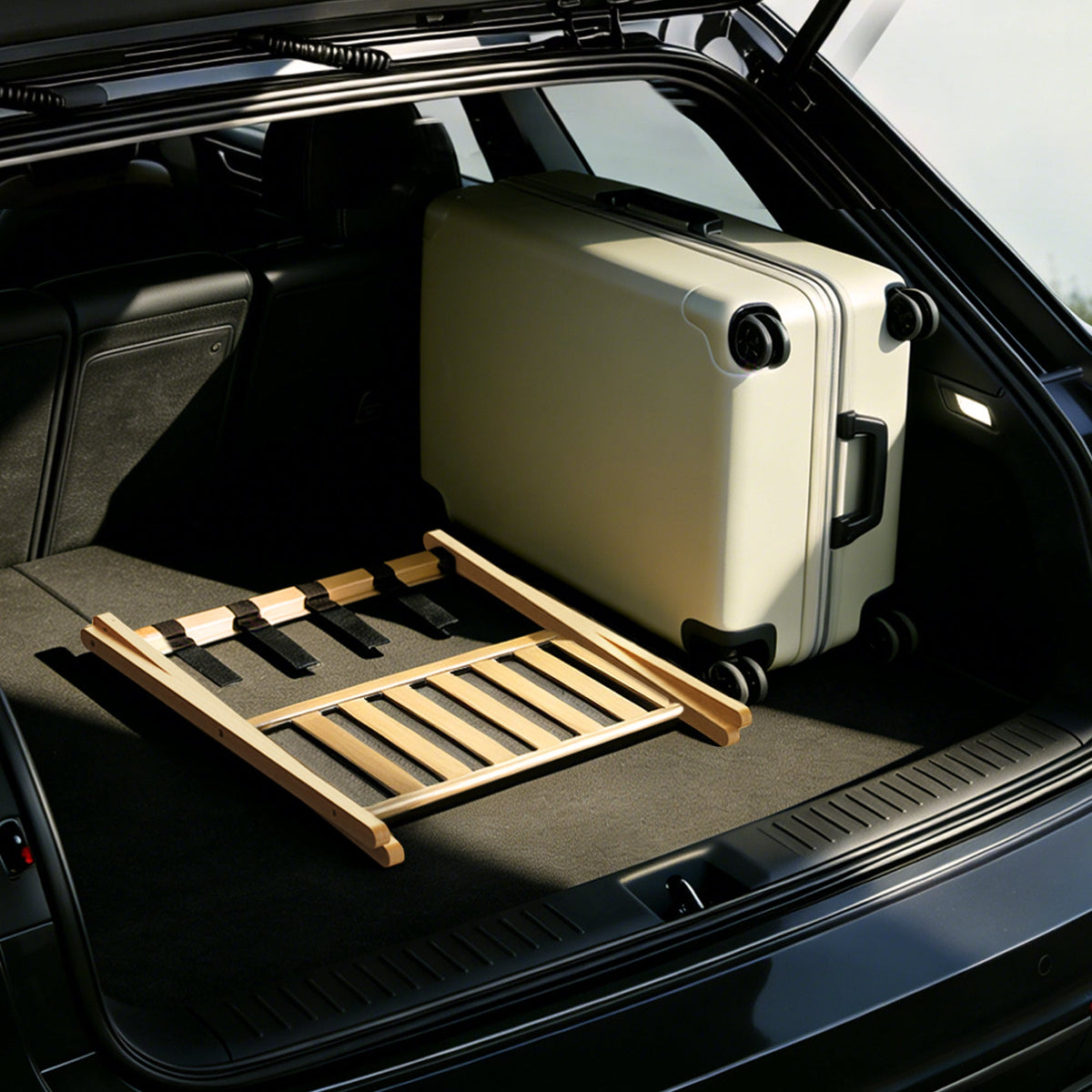 Folding bamboo luggage rack with lower storage shelf in light wood, HouseOfZazla on Tampa Home & Garden Store