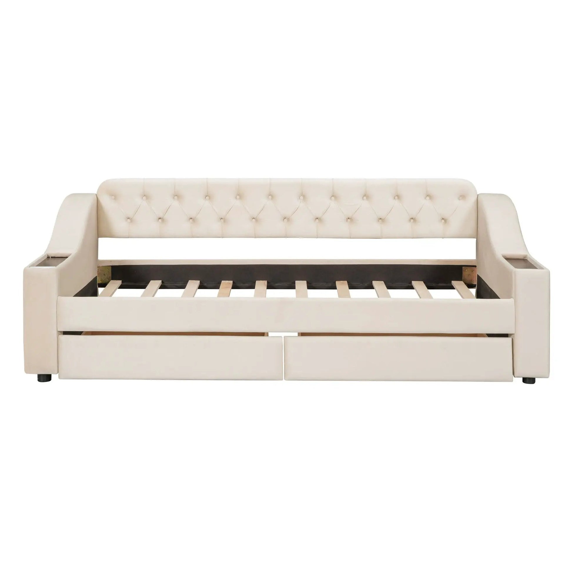 Upholstered cream daybed with tufted backrest, storage armrests and under-bed drawers on Tampa Home & Garden Store