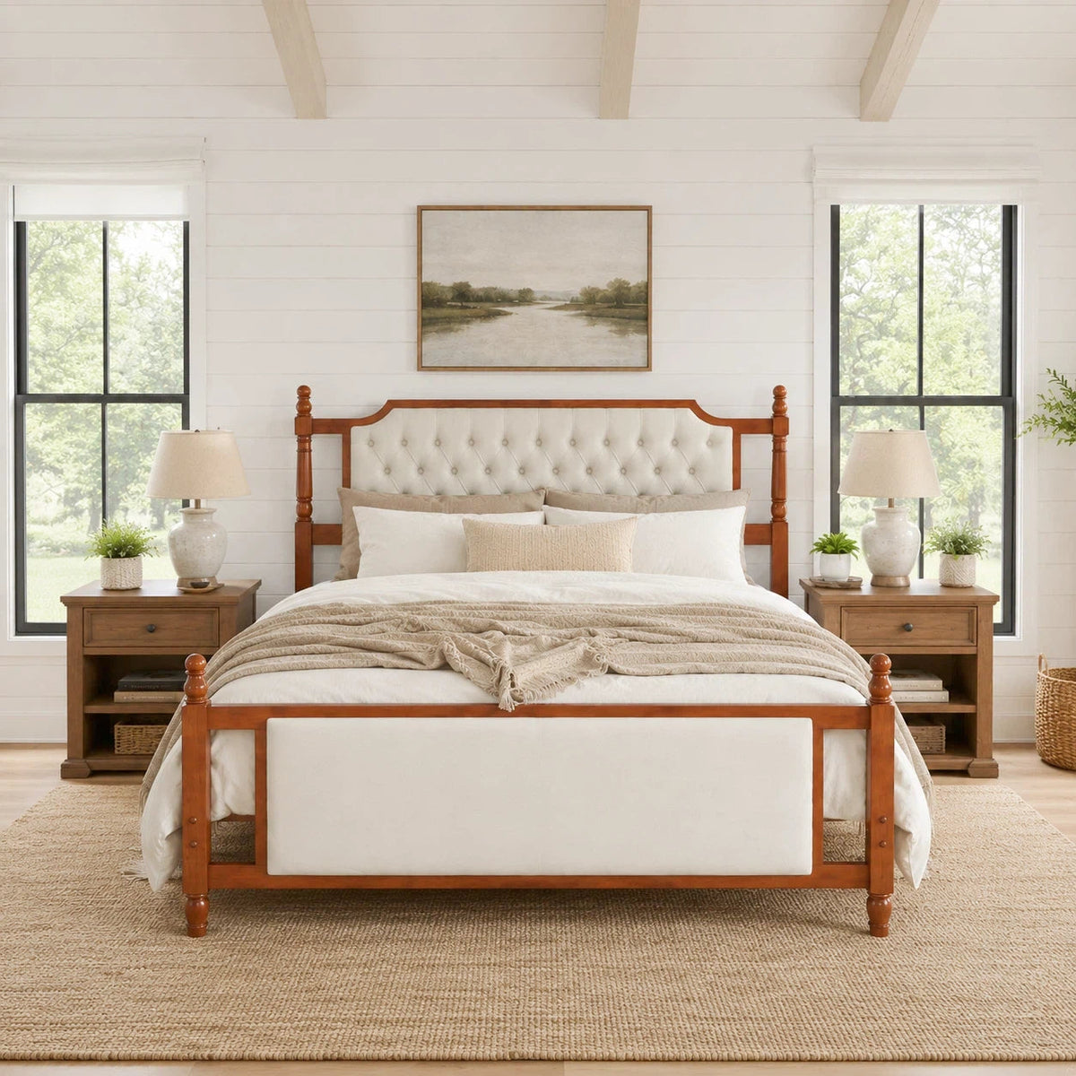 King Size Upholstered Platform Bed with Button Tufted Headboard in beige fabric, wooden frame on Tampa Home & Garden Store