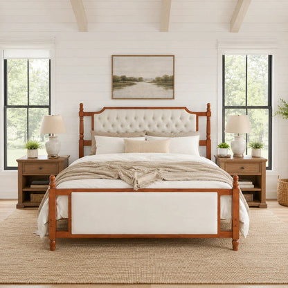 King Size Upholstered Platform Bed with Button Tufted Headboard in beige fabric, wooden frame on Tampa Home & Garden Store
