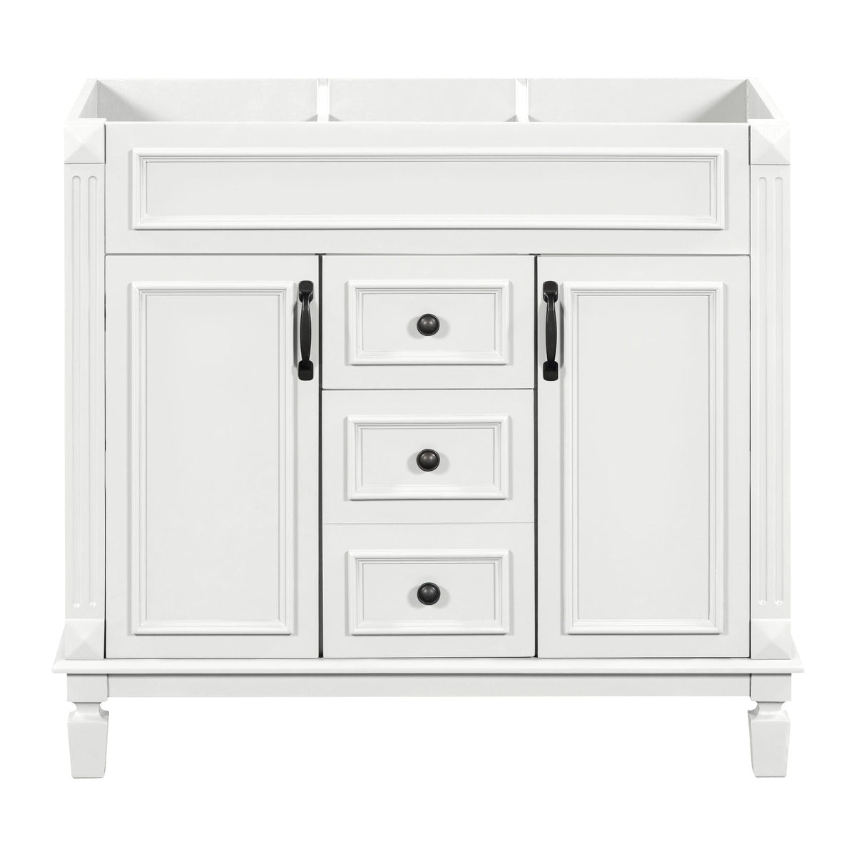 White HouseOfZazla vanity base with raised panel doors and center drawers, black hardware on Tampa Home & Garden Store