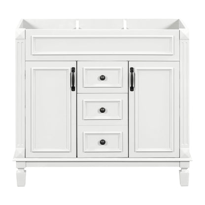 White HouseOfZazla vanity base with raised panel doors and center drawers, black hardware on Tampa Home & Garden Store