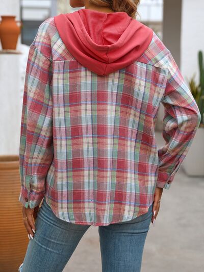 Plaid buttoned long-sleeve hooded jacket for women with red hood, cotton-blend outerwear on Tampa Home & Garden Store