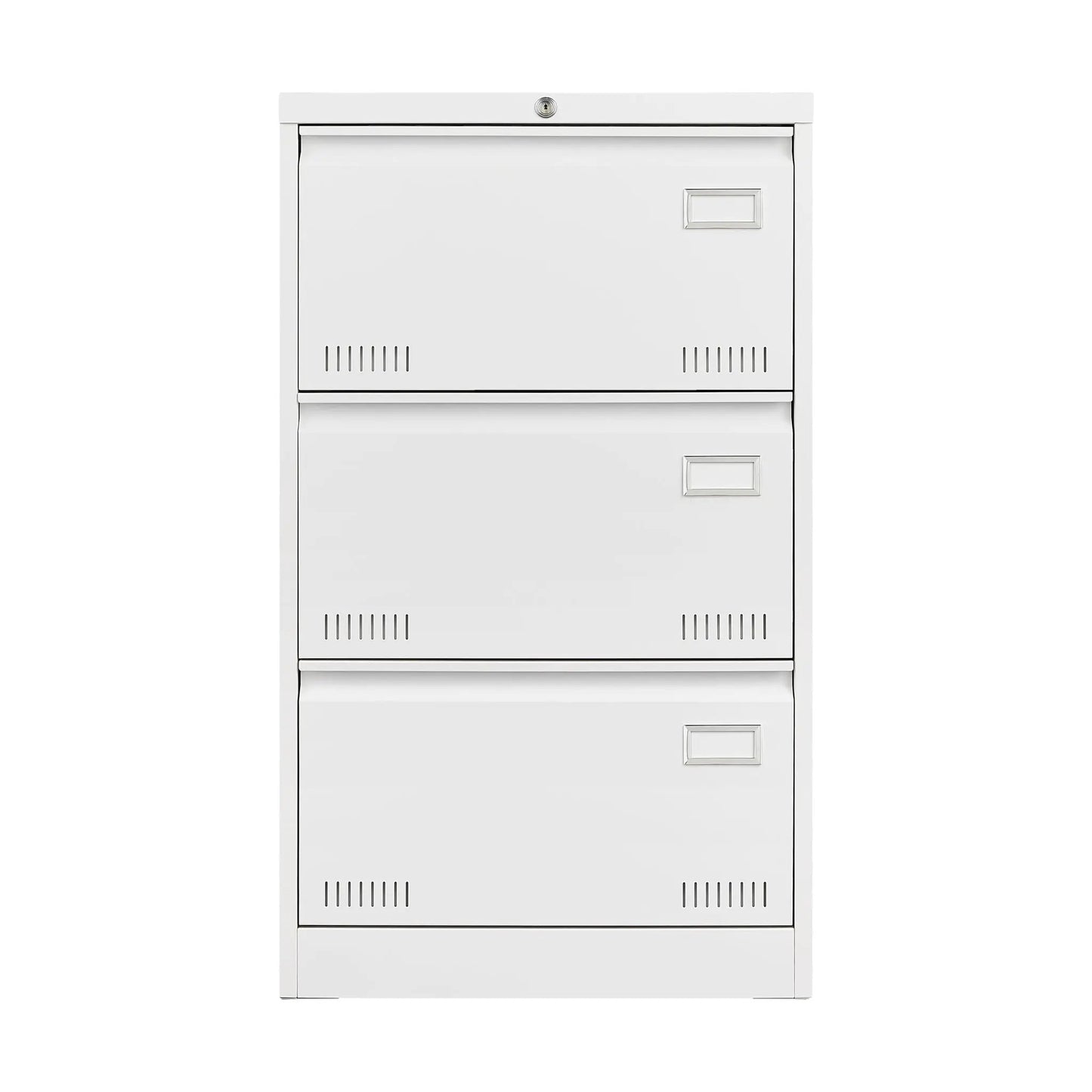 3-drawer locking filing cabinet in white metal with top lock and right-side label holders on Tampa Home & Garden Store