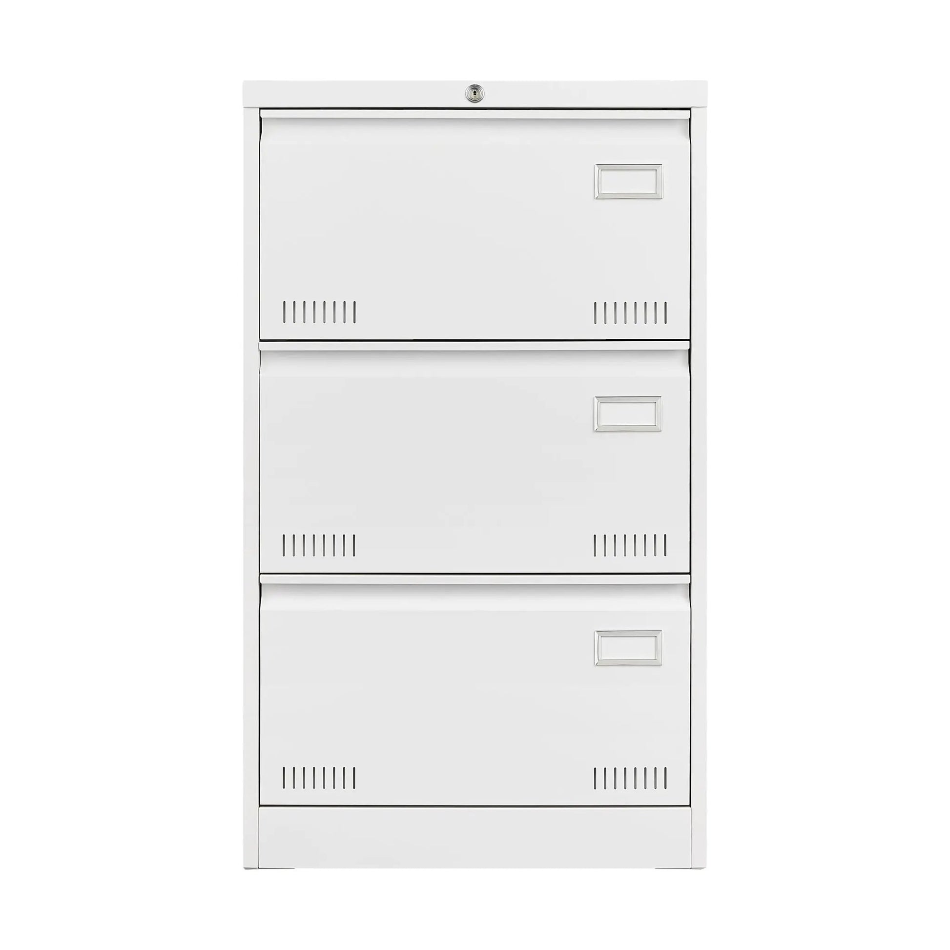 3-drawer locking filing cabinet in white metal with top lock and right-side label holders on Tampa Home & Garden Store