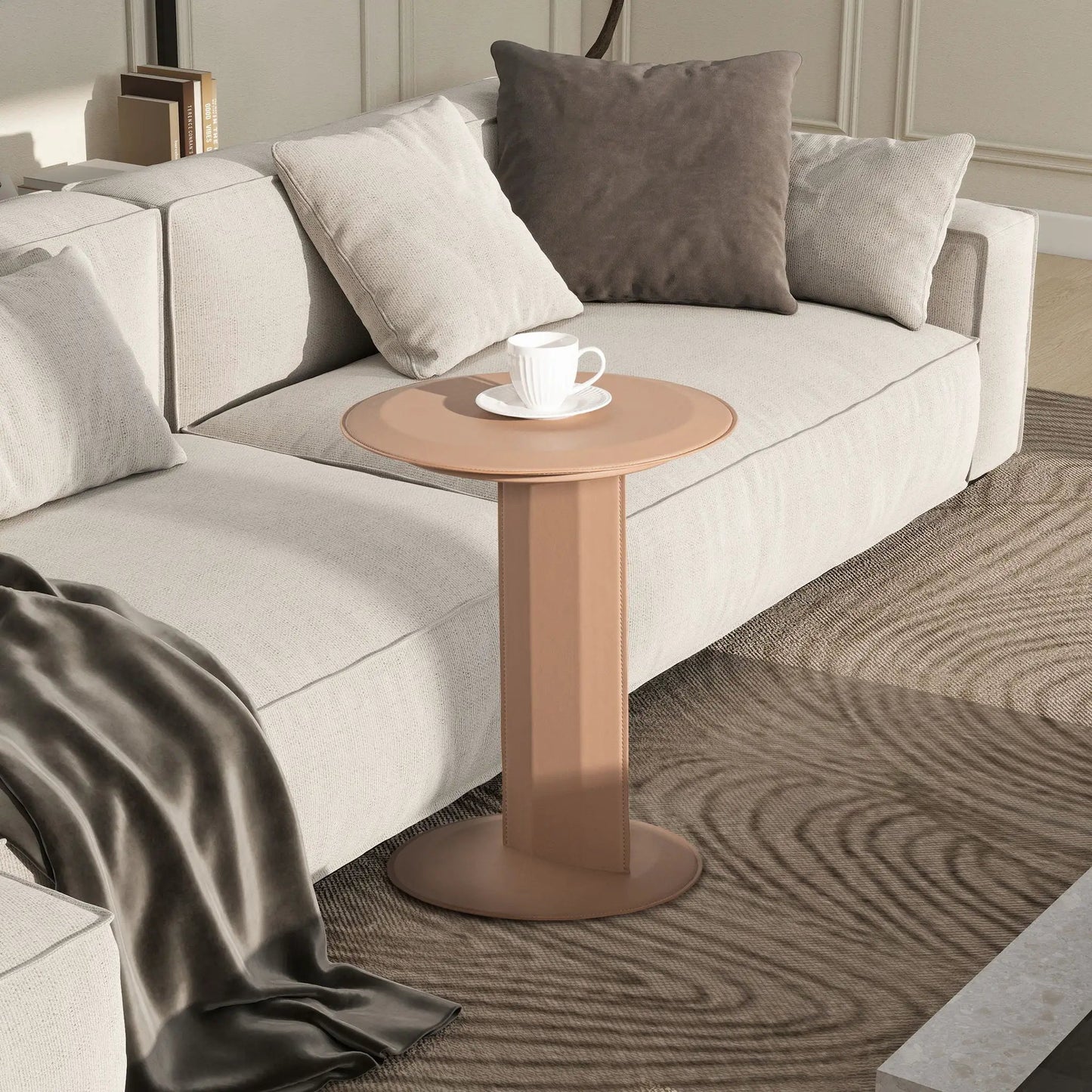 Mode leatherette round C-shaped sofa side table Saddle Brown by Unique Piece Furniture on Tampa Home & Garden Store