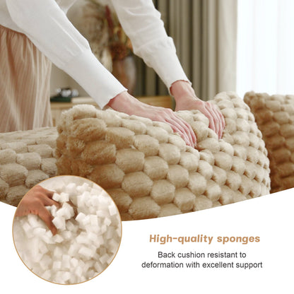 146in Modern U-Shaped Modular Sectional Sofa beige plush faux fur fabric close-up being smoothed by hands on Tampa Home & Garden Store