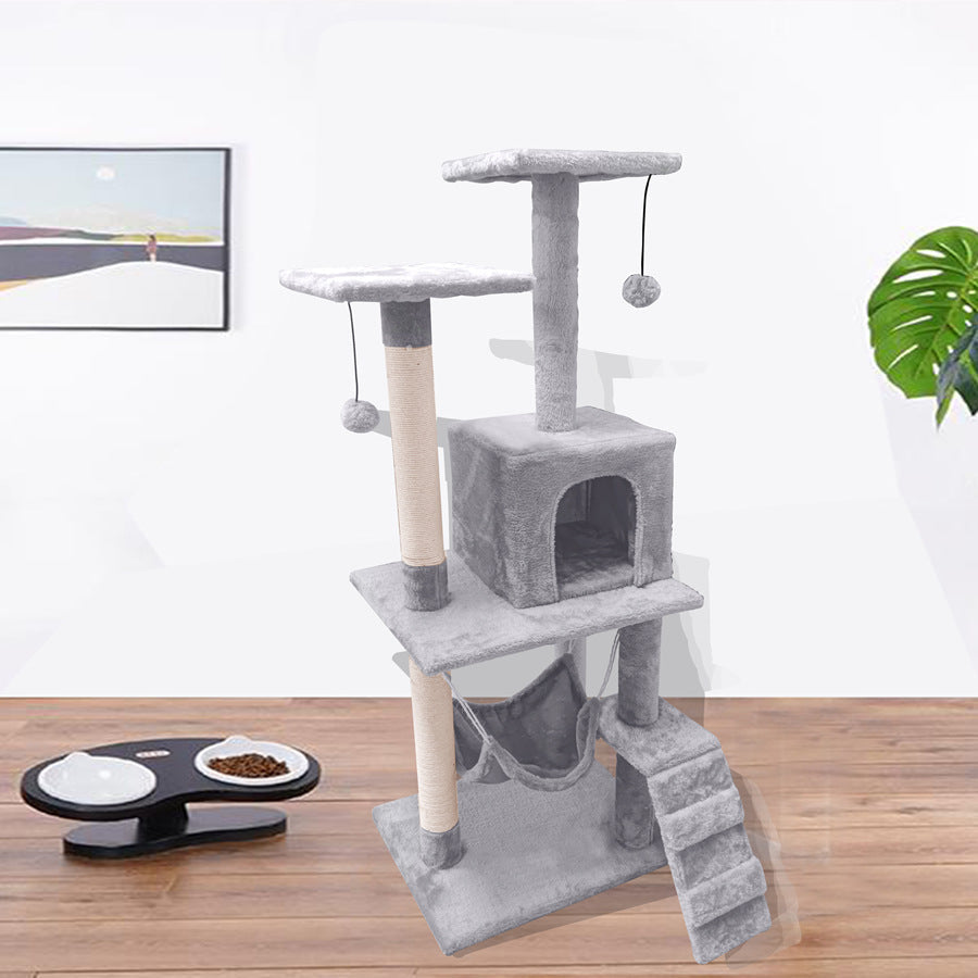 Grey plush cat climbing frame with multi-level tree, cubby, scratching post, and hanging balls on Tampa Home & Garden Store