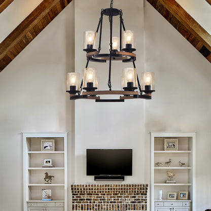 9-light vintage wagon wheel chandelier by HouseOfZazla, black metal with wood accents, for living room on Tampa Home & Garden Store