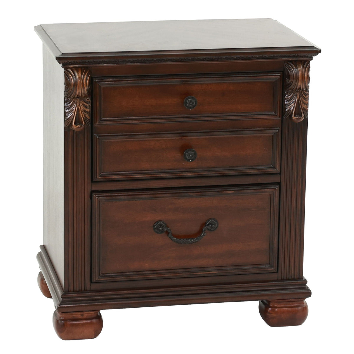 Traditional dark wood dresser with carved columns, ornate hardware and light stone top on Tampa Home & Garden Store