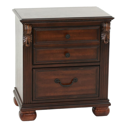 Traditional dark wood dresser with carved columns, ornate hardware and light stone top on Tampa Home & Garden Store
