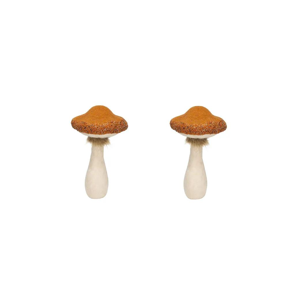 Mushroom holiday ornament sculptures, beige stems with orange glitter caps, set of 2 on Tampa Home & Garden Store