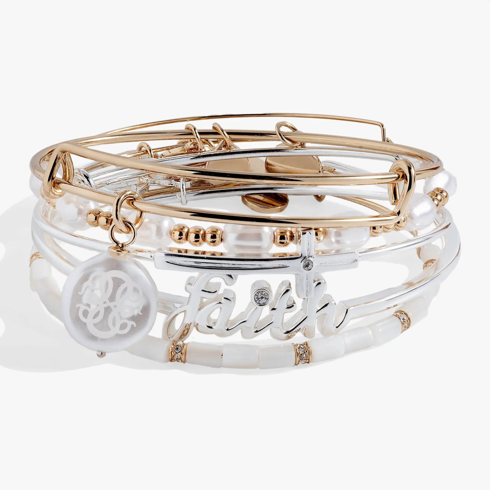 Faith Bracelets Set of 5 by Alex and Ani: gold, silver and pearls with a faith charm on Tampa Home & Garden Store