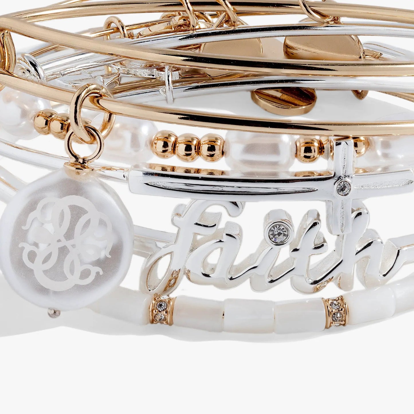 Faith Bracelets Set of 5 by Alex and Ani, gold and silver mixed metal bangles with charms on Tampa Home & Garden Store