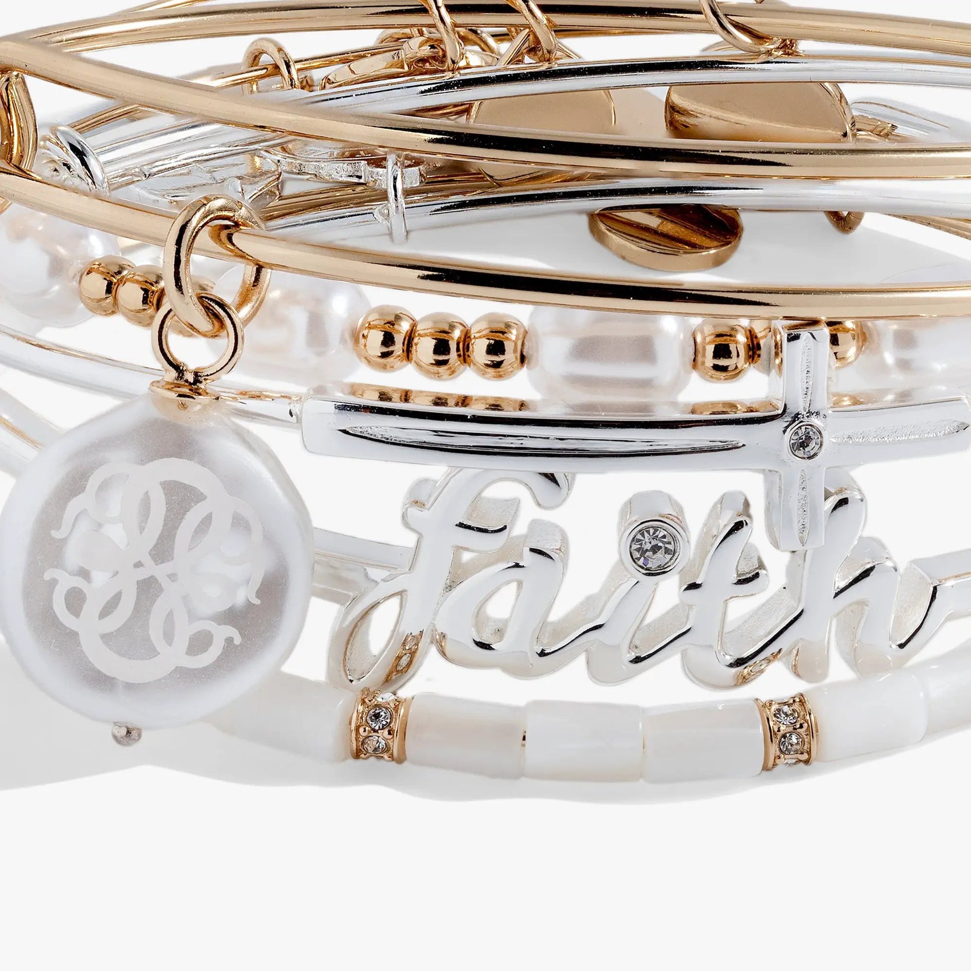 Faith Bracelets Set of 5 by Alex and Ani, gold and silver mixed metal bangles with charms on Tampa Home & Garden Store