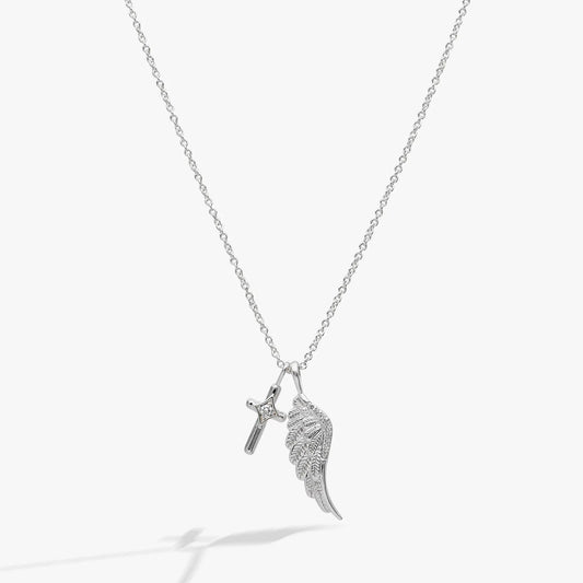 Faith Cross and Angel Wing Necklace with silver-tone chain and wing+cross charms by ALEX AND ANI on Tampa Home & Garden Store
