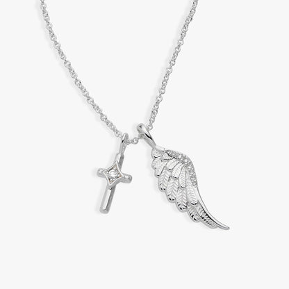 Faith Cross and Angel Wing Charm Necklace by ALEX AND ANI; chain with cross and wing pendant on Tampa Home & Garden Store