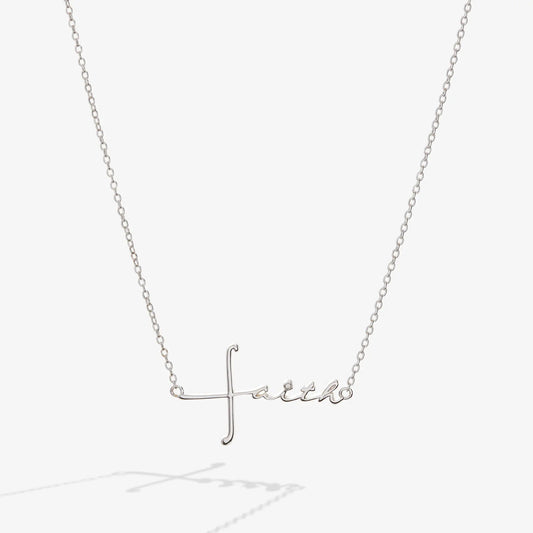 Faith pendant necklace with cross and cursive Faith on silver chain by Alex and Ani on Tampa Home & Garden Store