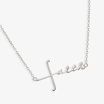 Faith Necklace by ALEX AND ANI; sterling silver chain with cross pendant and Faith script on Tampa Home & Garden Store
