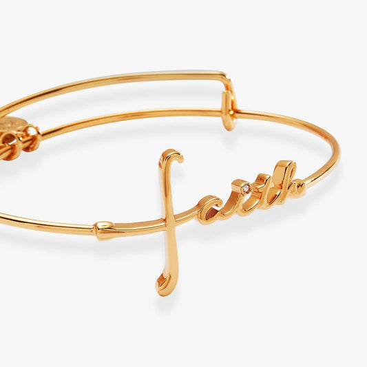 Faith In-Line Bracelet by ALEX AND ANI, gold-tone metal with cursive Faith charm on Tampa Home & Garden Store