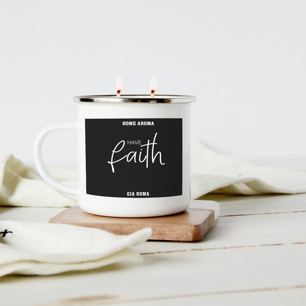 16oz candle mug white ceramic with black Have faith label Gia Roma Home Aroma on Tampa Home & Garden Store