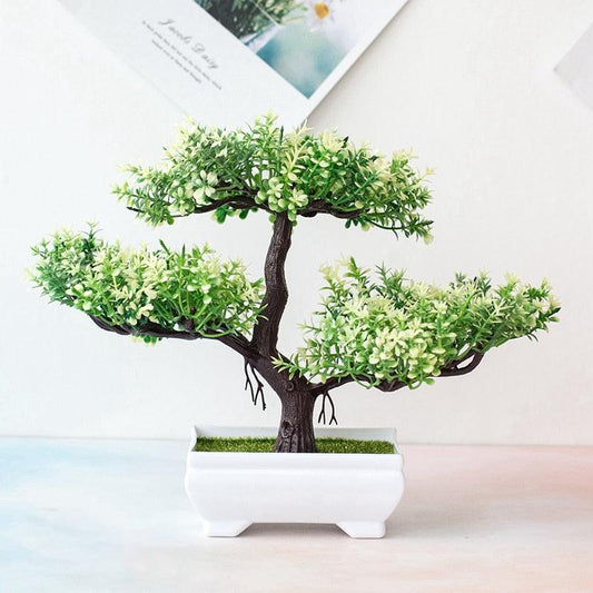 Artificial bonsai tree in a white rectangular pot with green foliage Stevvex ST50DE8104PLS on Tampa Home & Garden Store