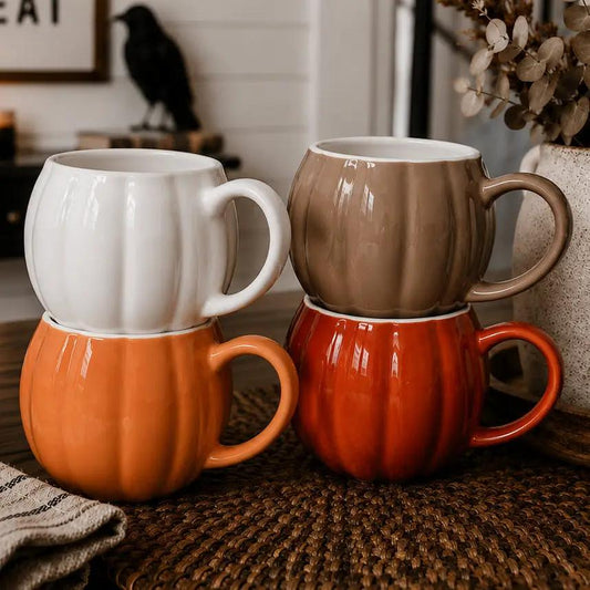 Pumpkin Shaped Mug ceramic coffee cup set of 4 in white, taupe, orange and red-orange Gia Roma on Tampa Home & Garden Store
