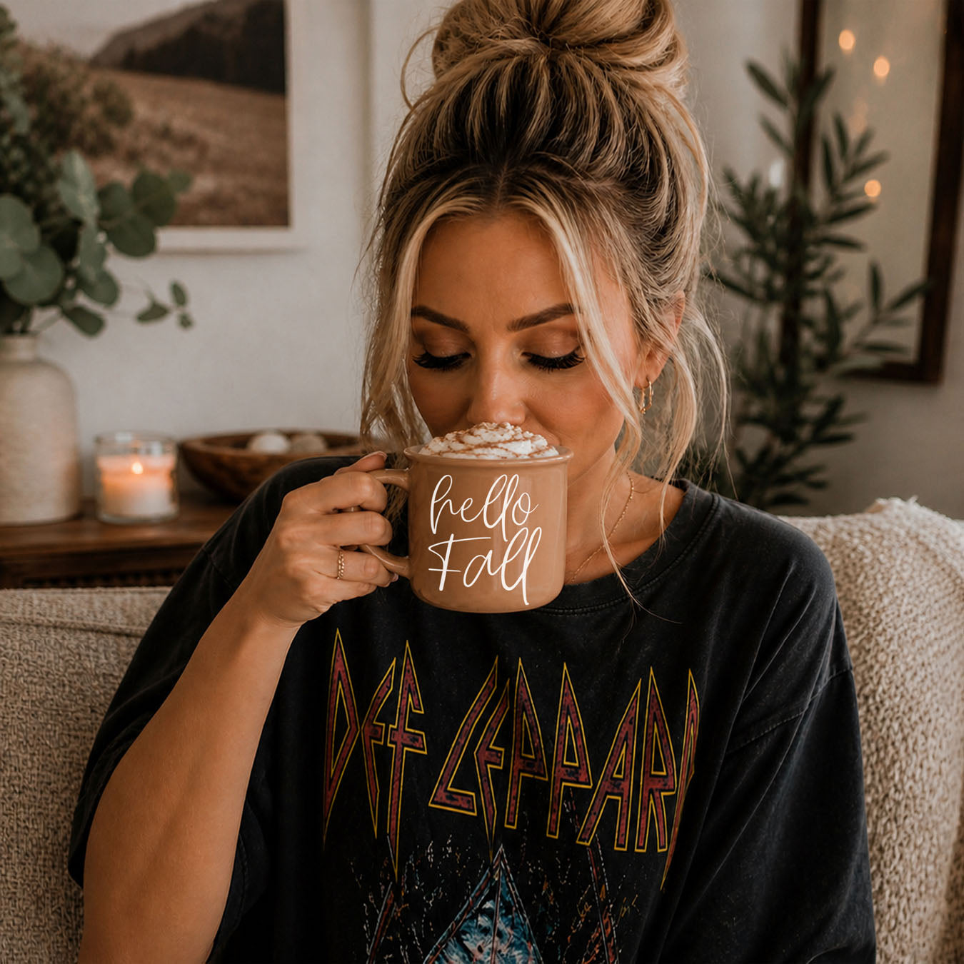 Coffee mug Hello Fall Gia Roma, tan ceramic with whipped cream topping on Tampa Home & Garden Store