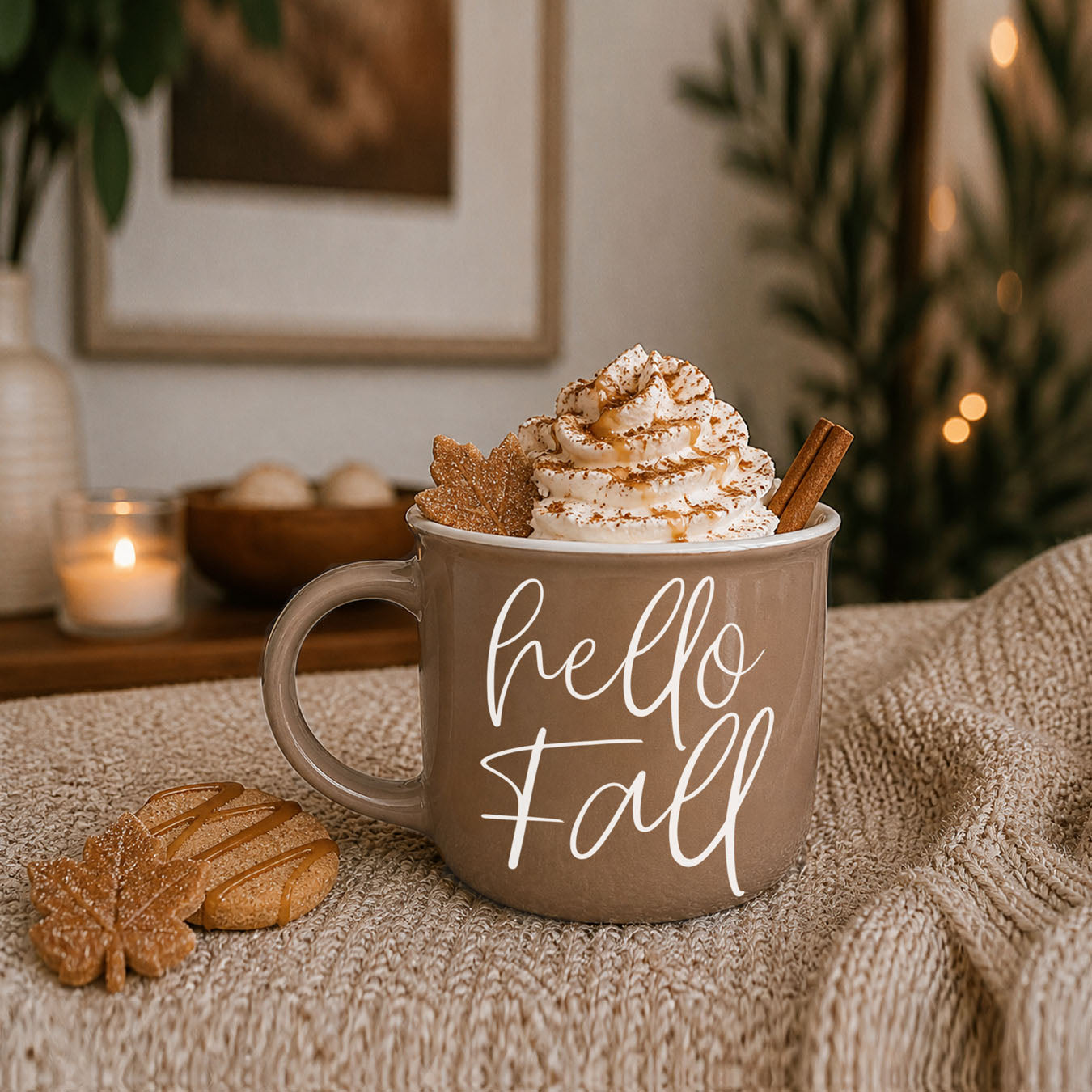 Gia Roma Hello Fall mug in brown ceramic with whipped cream topping and cinnamon sticks on Tampa Home & Garden Store