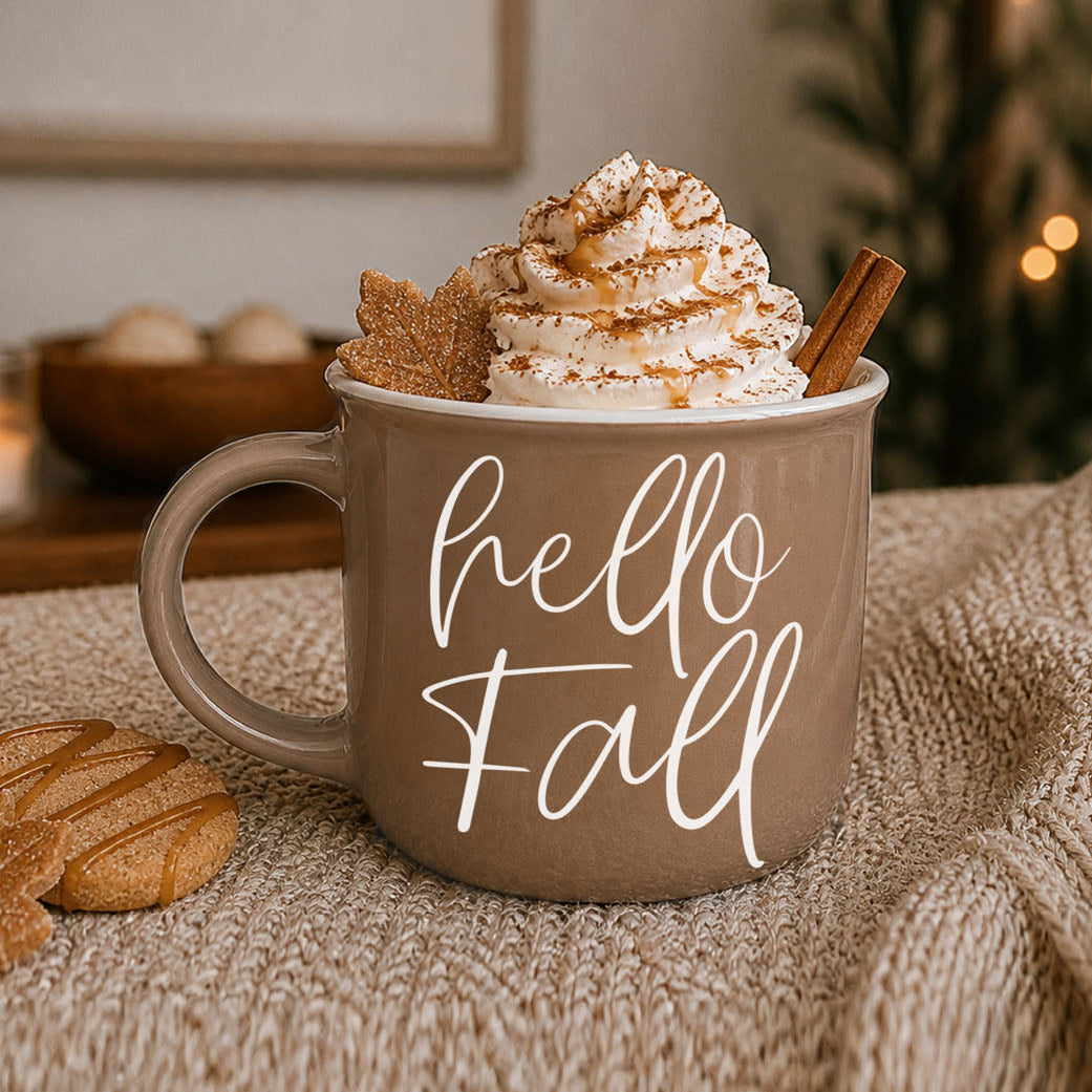 Gia Roma Hello Fall coffee mug taupe ceramic with whipped cream topping and cinnamon stick on Tampa Home & Garden Store