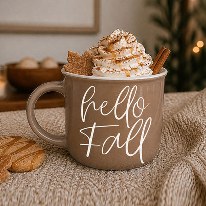 Gia Roma Hello Fall coffee mug taupe ceramic with whipped cream topping and cinnamon stick on Tampa Home & Garden Store