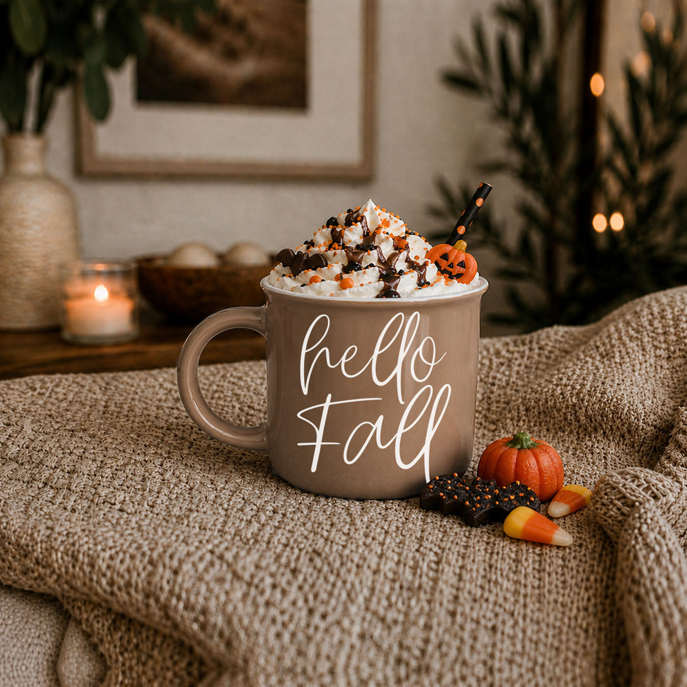 Hello Fall mug Gia Roma taupe ceramic coffee mug topped with whipped cream and Halloween straw on Tampa Home & Garden Store