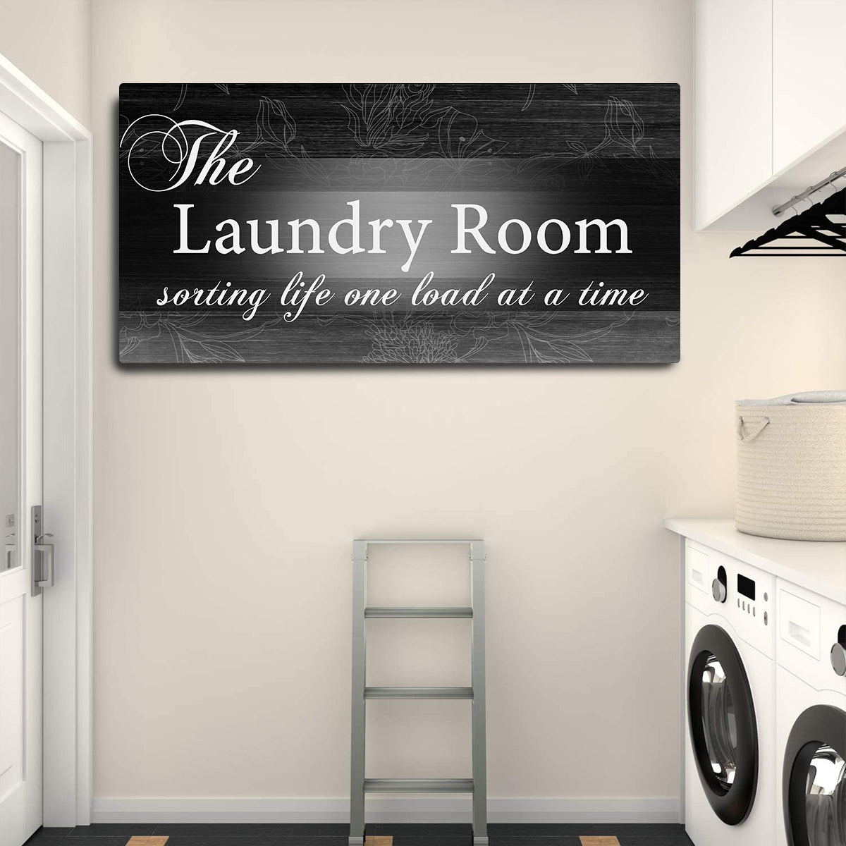 The Laundry Room Sign canvas Tailored Canvases black with white script floral accents wall decor on Tampa Home & Garden Store