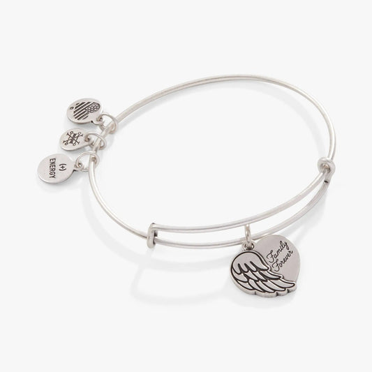 Bracelet: Family Forever Angel Wing Heart Charm Bangle by ALEX AND ANI, silver-toned with charms on Tampa Home & Garden Store