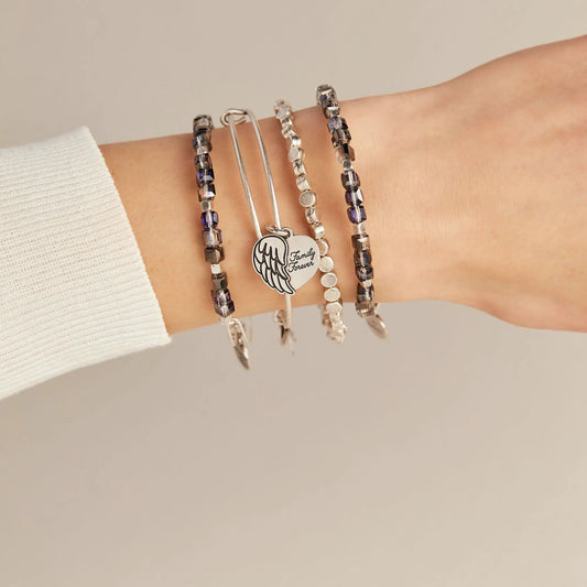 Family Forever angel wing heart charm bracelet set by Alex and Ani; silver beads in purple on Tampa Home & Garden Store