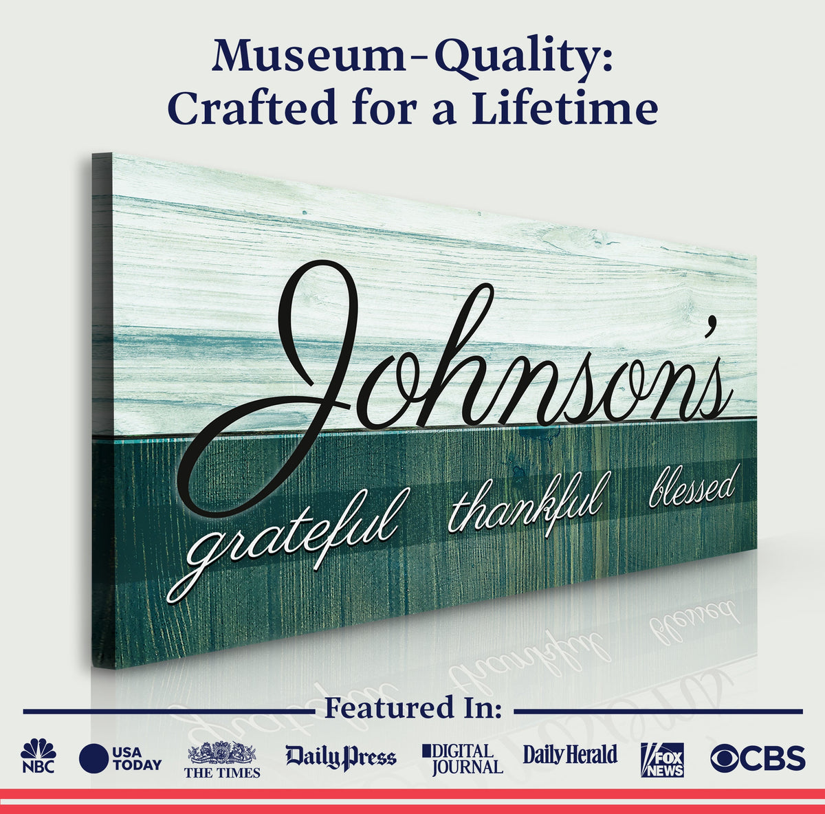 Family Grateful Sign III canvas crafting art on distressed teal wood planks by Tailored Canvases on Tampa Home and Garden Store