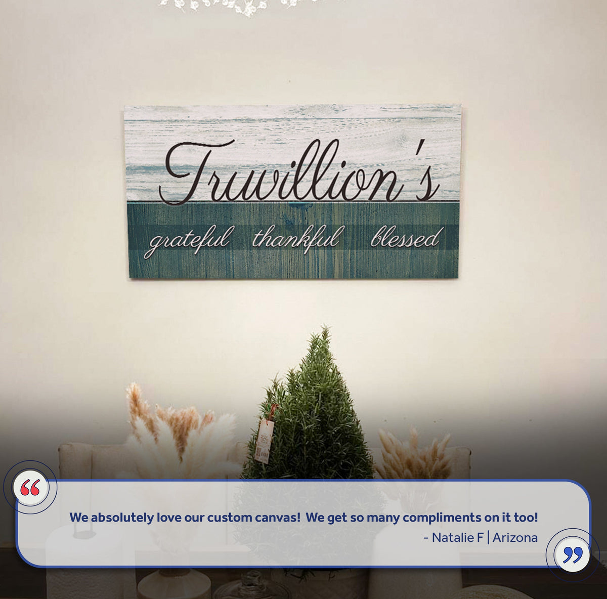 Family Grateful Sign III canvas by Tailored Canvases; white teal distressed wood-look wall art on Tampa Home & Garden Store