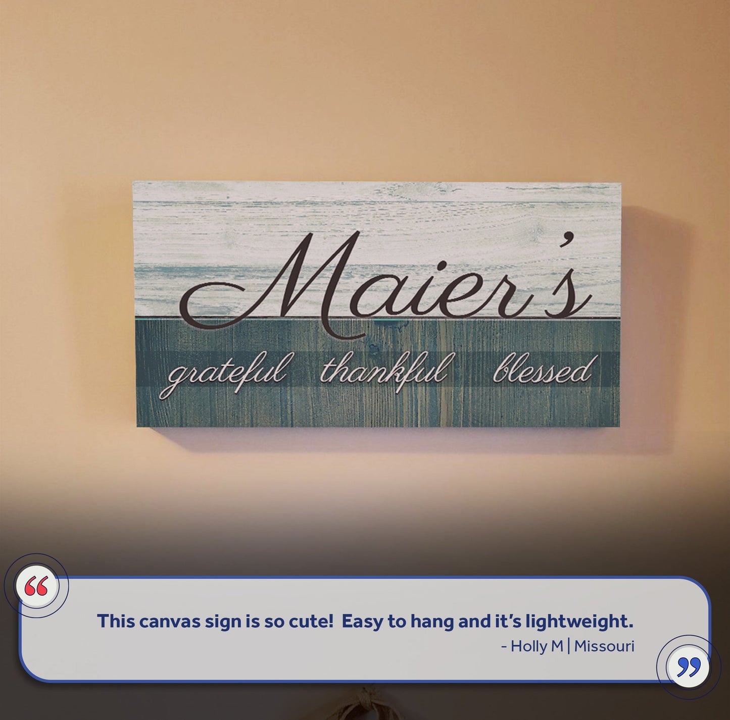 Family Grateful Sign III canvas with cursive script on teal base on Tampa Home & Garden Store