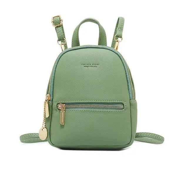 Stevvex mini soft-touch green leather backpack with gold zippers, front pocket, top handle on Tampa Home & Garden Store