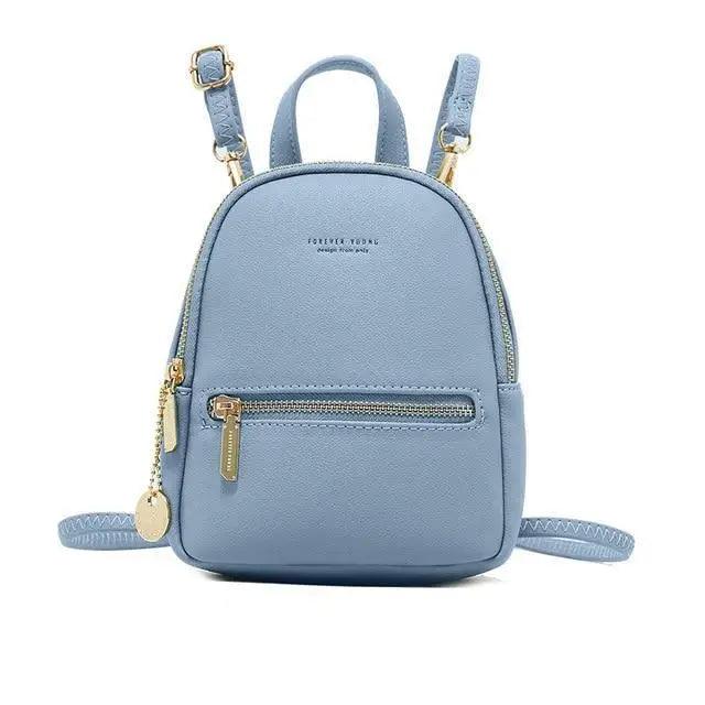 Mini soft-touch leather backpack light blue with gold zippers by Stevvex for women on Tampa Home & Garden Store