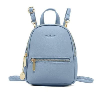Mini soft-touch leather backpack light blue with gold zippers by Stevvex for women on Tampa Home & Garden Store