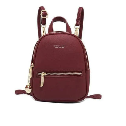 Stevvex mini soft-touch burgundy leather backpack with front zip pocket and gold hardware on Tampa Home & Garden Store