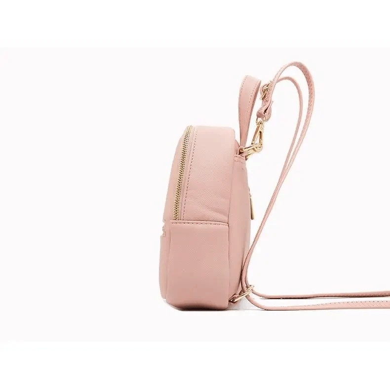 Stevvex mini soft-touch pink leather laptop backpack with gold hardware, compact with side pocket on Tampa Home & Garden Store
