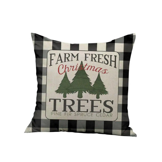 Farm Fresh throw pillow with black-and-white buffalo plaid border and Christmas tree sign on Tampa Home & Garden Store