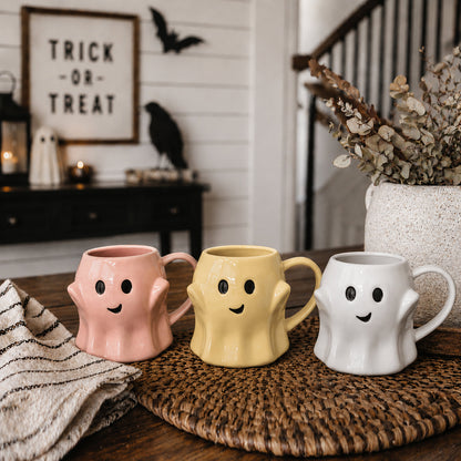 Gia Roma Ghost Mugs, three ceramic coffee mugs in pink, yellow, and white on Tampa Home & Garden Store