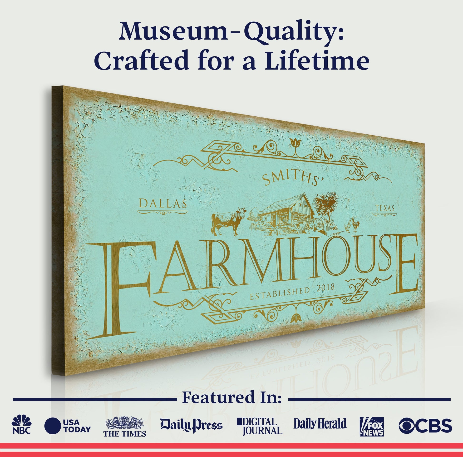 Rustic Farmhouse Sign IV canvas by Tailored Canvases with turquoise aged and gold lettering on Tampa Home & Garden Store