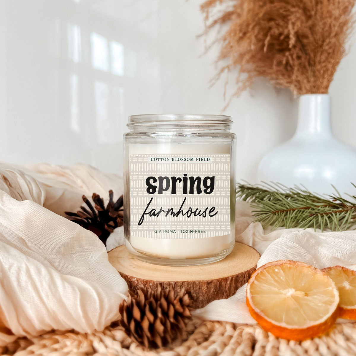 Cotton Blossom Candle Gia Roma in a clear glass jar with a patterned label Cotton Blossom Field on Tampa Home & Garden Store